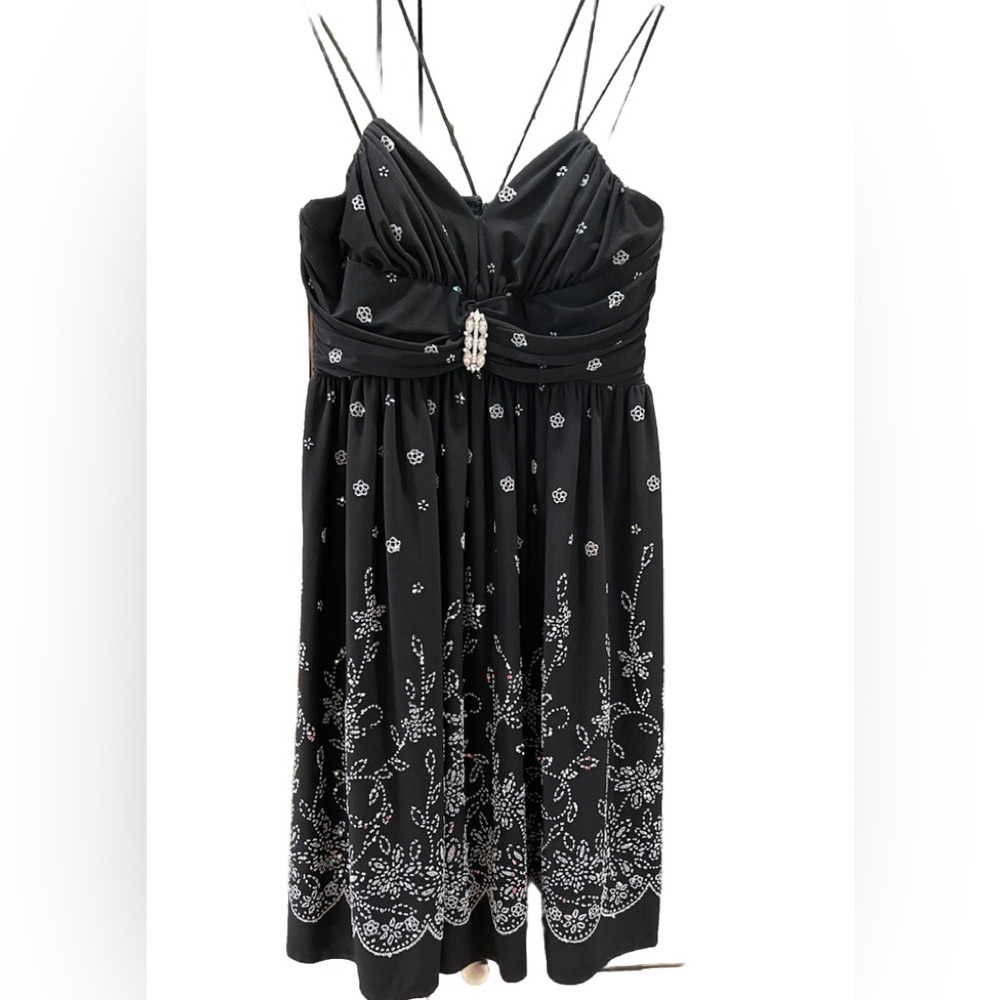 Cache BLACK beaded dress Stone Brooch Sweetheart Neckline Spaghetti Straps SZ 12